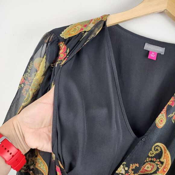 Vince Camuto Asymmetric Blouse Top Paisley Cinch Waist Lined Rich Black Size 2X - Picture 10 of 16